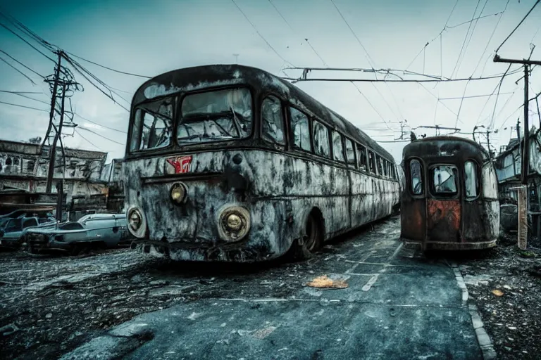 Prompt: low wide angle shot of dilapidated fallout 5 europa, temperate european hamlet, desolate, dilapidated neon signs, few rusted retro futuristic vintage parked vehicles like cars, ( ( ( ( buses, trucks, trams ) ) ) ), volumetric lighting, photorealistic, daytime, autumn, sunny weather, sharp focus, ultra detailed