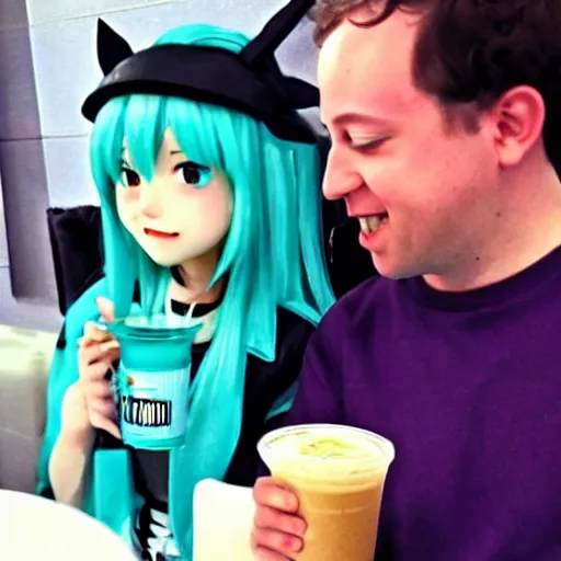 Prompt: Hatsuni miku drinking a milkshake with Mark Zuckemberg