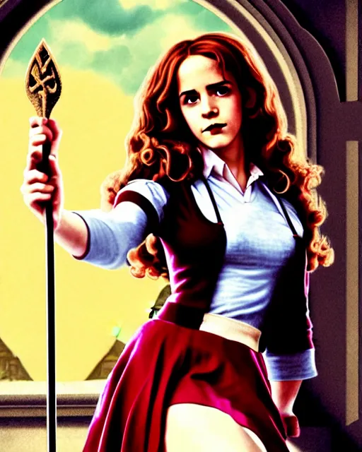 Image similar to pinup photo of hermione granger by emma watson in the crowded square of hogwarts, asuna by a - 1 pictures, by gil elvgren, enoch bolles, glossy skin, pearlescent, film still, very realistic, dslr