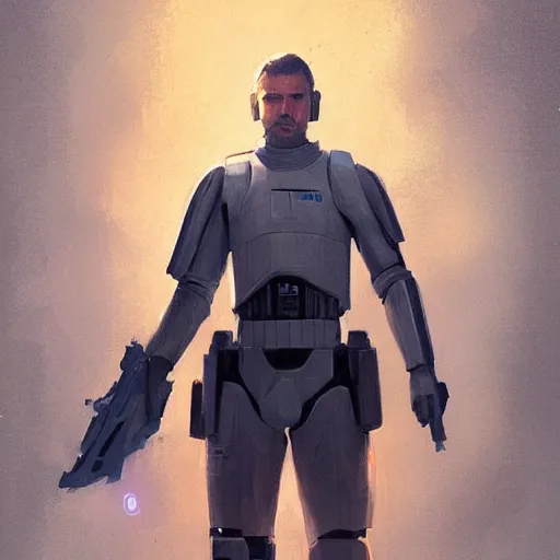 Image similar to portrait of a man by greg rutkowski, a soldier of the new galactic republic, wearing a white, blue and orange tactical gear, star wars expanded universe, highly detailed portrait, digital painting, artstation, concept art, smooth, sharp foccus ilustration, artstation hq