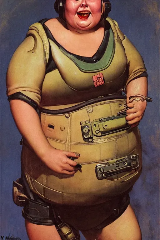 Prompt: 5 0 s pulp scifi fantasy illustration head and upper body portrait cheerful obese woman in leather spacesuit by norman rockwell, roberto ferri, daniel gerhartz, edd cartier, jack kirby, howard v brown, ruan jia, tom lovell, frank r paul, jacob collins, dean cornwell, astounding stories, amazing, fantasy, other worlds