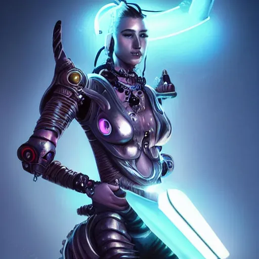 Prompt: action portrait of a beautiful futuristic robot barbarian with metal braids, massive glowing neon axe, realistic, artgerm and peter mohrbacher style