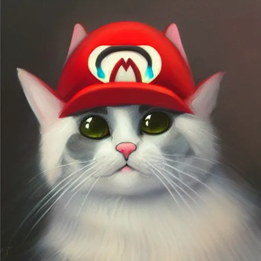 Prompt: A beautiful oil painting of a Kawaii Cat wearing a Super Mario Hat, illustration, art by artgerm, volumetric lighting, photorealistic, highly detailed.