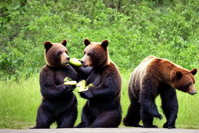 Prompt: two bears eating bananas, a photo