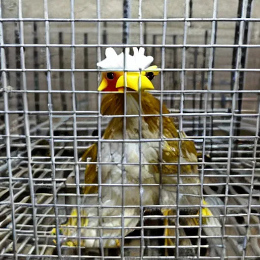 Image similar to cute chicken dressed as a prisioner in jail