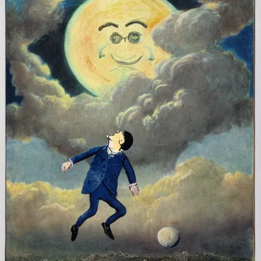 Prompt: cresent moon man smiling portrait, surrounded by clouds, landscape, illustrated by peggy fortnum and beatrix potter and sir john tenniel