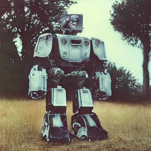 Prompt: giant oversized robot mech with infant head on a village, Cinematic focus, Polaroid photo, vintage, neutral colors, soft lights, foggy, by Steve Hanks, by Serov Valentin, by lisa yuskavage, by Andrei Tarkovsky