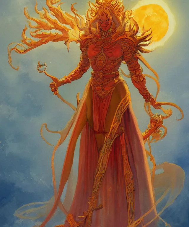 Image similar to a oil / watercolor painting full body character portrait of invoker of the sun goddess in the style of moebius in the style of frank frazetta trending on artstation deviantart pinterest detailed realistic hd 8 k high resolution