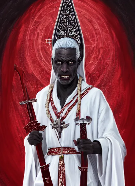 Image similar to a highly detailed illustration of sadistic white haired tanned african priest wearing white robe with red cross design, wielding divine bloody sword, evil smirk, gothic church background, intricate, elegant, highly detailed, centered, digital painting, artstation, concept art, smooth, sharp focus, league of legends concept art, wlop