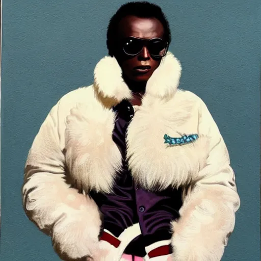 Prompt: beautiful fantasy character portrait, miles davis, bitches brew, wearing puffy bomber jacket with fur, by malti klarwein