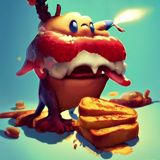 Prompt: the angry french toast was alive, cute pixar character, volumetric lighting, dynamic composition, fantasy, hyper detailed, ultra realistic, sharp focus, octane render, concept art by sachin teng and sergey kolesov and ruan jia and heng z