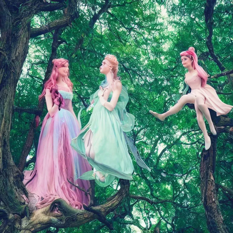 Prompt: a fairy and a disney princess having a conversation on top of a tall tree, aesthetic, pastel style, pastel coloring, beautiful angle