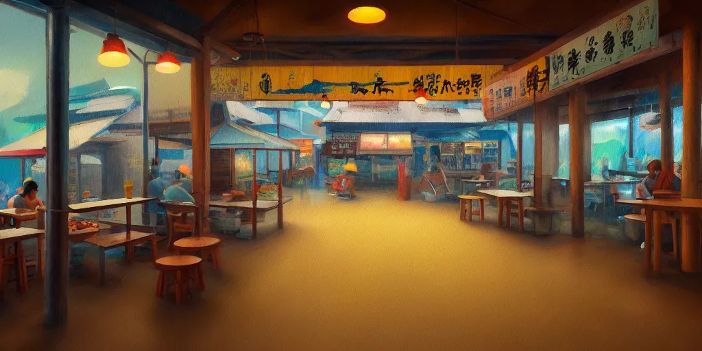 Image similar to interior of a small kopitiam at pulau indah fishing village, near a jetty, early morning, detailed ultrarealisitic painting, low angle view, telephoto lens, bokeh, studio ghibli, artstation