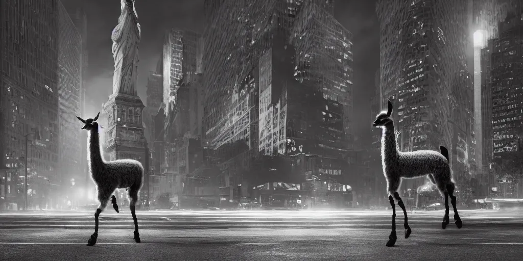 Image similar to a llama walking away from the camera into a desolate manhattan city street at night, statue of liberty seen in the background, realistic 4 k octane beautifully detailed render, 4 k post - processing, highly detailed, detailed face, intricate complexity, epic composition, magical atmosphere, cinematic lighting, masterpiece, ultra hd