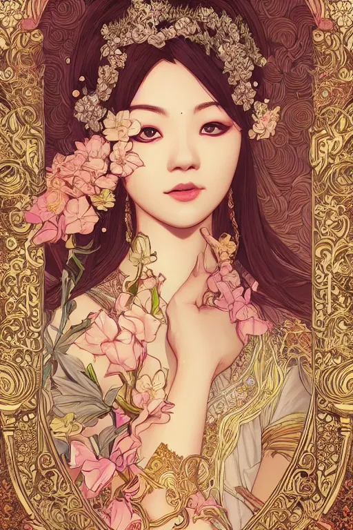 Image similar to beautiful and detailed digital illustration of thai princess by kittichai rueangchaichan and Ilya Kuvshinov, floralpunk, Artstation, art nouveau aesthetic, Alphonse Mucha background, intricate details,concept art, realistic, dramatic