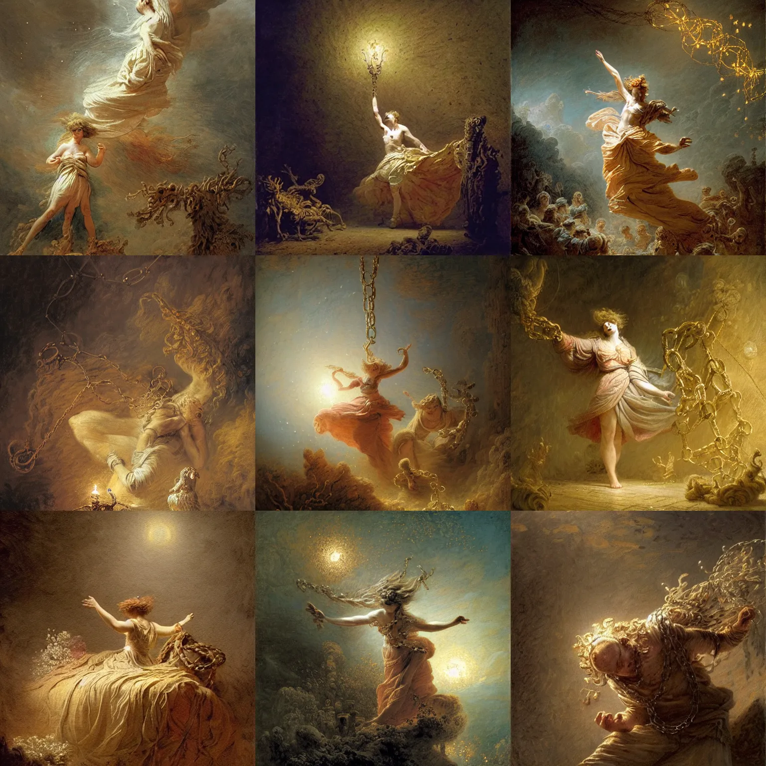 Prompt: briareus, windy, chains on hands, stars, stoic, modern, is ( ( with arms half lifted toward us ) ). light dust, magnificent, hyperdetailed, theatrical, masterpiece, painted by jean honore fragonard and greg rutkowski
