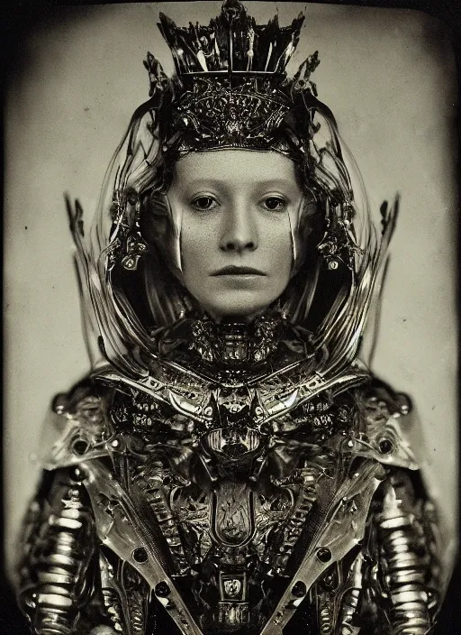 Image similar to old wetplate daguerreotype frame portrait of a futuristic silver armored queen elisabeth emperor district 9 cyborg, fractal, intricate, elegant, highly detailed, subsurface scattering, by jheronimus bosch and greg rutkowski and louis jacques mande daguerre