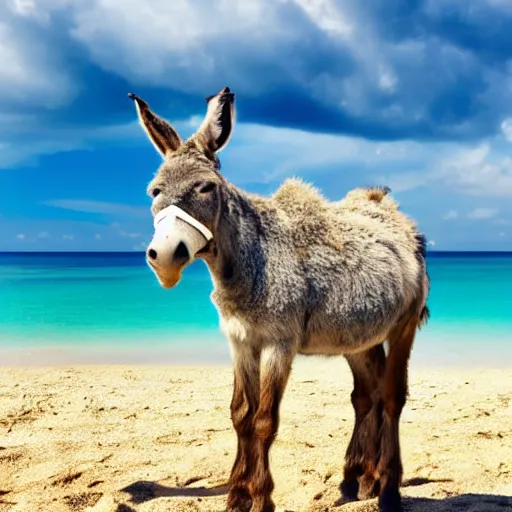 Prompt: a donkey wearing cool sunglasses at the beach, 8k, hyper-detailed, photorealistic