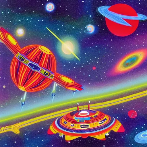 Prompt: a beautiful computer art of a space battle with wild, bright colors. navajo white by nathan spoor, by richard scarry subdued