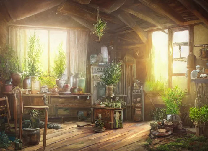 Image similar to rustic oil painting, interior view of a cluttered herbalist cottage, waxy candles, wood furnishings, herbs hanging, light bloom, dust, ambient occlusion, rays of light coming through windows, oil painting