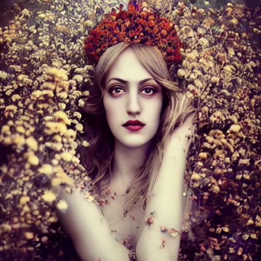 Image similar to fine art photo of the beauty goddess meryem uzerli, she has a crown of dried flowers, by oleg oprisco