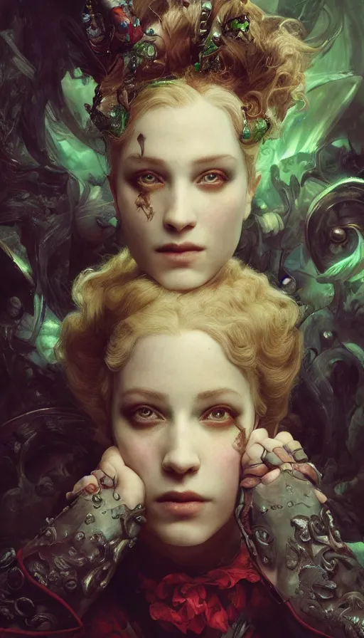 Prompt: epic masterpiece portrait alice through the looking glass, sweaty skin, hyperrealistic, octane render, cinematic, beautiful face and flawless skin, perfect hands, emeralds by Edgar Maxence and Ross Tran and Michael Whelan, Legends of Runeterra