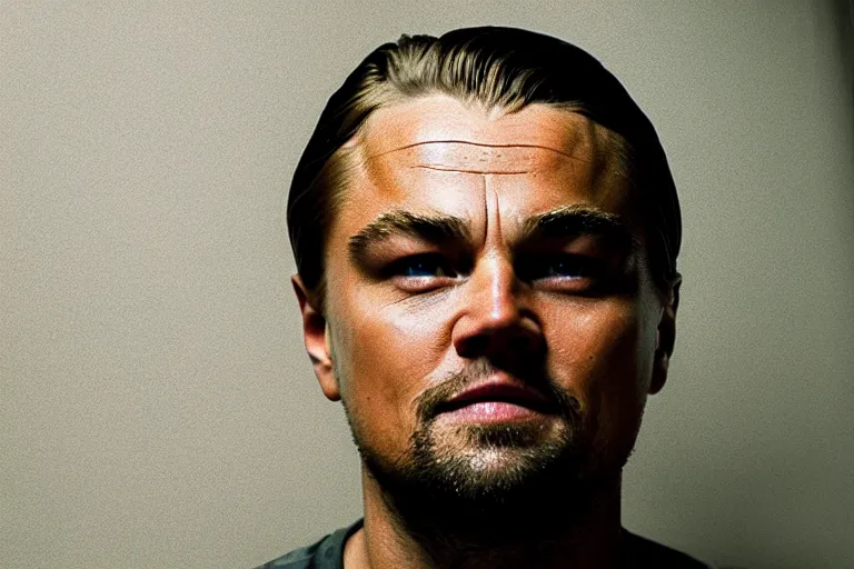 Image similar to close-up of Leonardo DiCaprio as a drug addict in abstinence in the new movie directed by Gaspar Noé, movie still frame, promotional image, symmetrical shot, idiosyncratic, relentlessly detailed, limited colour palette