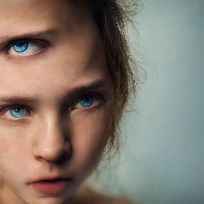 Image similar to dramatic photographic Close-up face of a extremely beautiful girl with light blue eyes and light brown hair , high light on the left, non-illuminated backdrop, illuminated by a dramatic light, Low key lighting, light dark, High constrast, dramatic , Steve Mccurry, Lee Jeffries , Norman Rockwell, Craig Mulins ,dark background, high quality, photo-realistic, 8K,