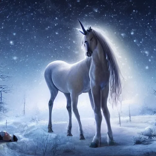 Image similar to a iridescent unicorn mourning a human in a snowy graveyard on a starry night, ultra realistic, concept art, intricate details, highly detailed, photorealistic, octane render, 8 k, fantasy art, art by mary jackson