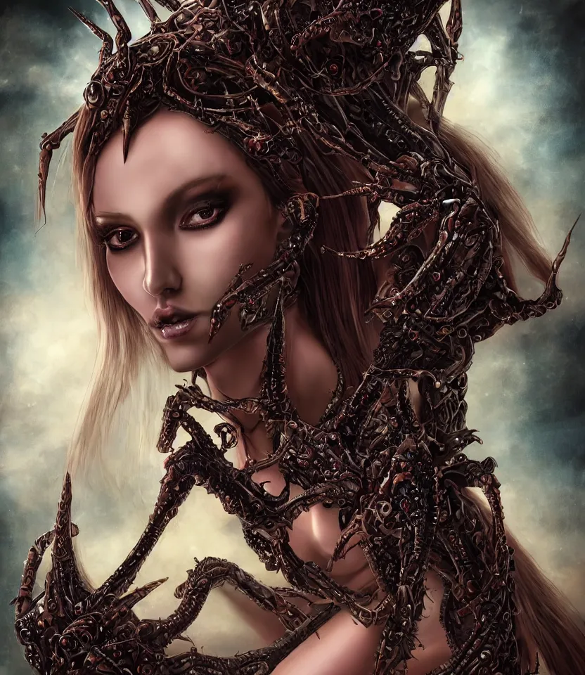 Image similar to close up portrait on the enchanting femenine queen of the zerg, hyper attractive, seductive, very complex, hyper-maximalist, overdetailed, legendary cinematic, darkfantasy, archetype with timeless beauty breathtaking eyes, her spider like legs spread evenly around her framing the image, collossal alien ship in the sky behind her, highly intricate, digital art, very elegant, HDR 8K, biblical art, realism, incomprehensible yet perspicious detail, unbeatable quality, silent hill aesthetic, photorealistic, lifelike, DSLR 8k, unbeatable coherency, Omnious intricate, octane render, created Nixeu & z--ed from deviantart