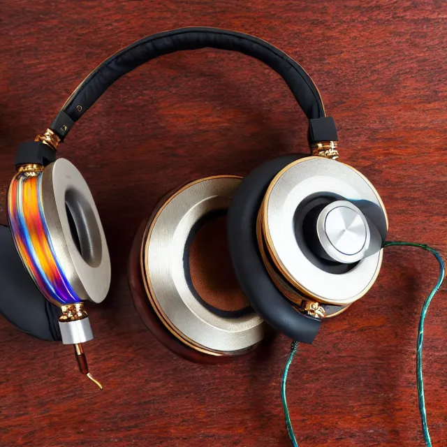 Image similar to masterpiece photo of beautiful hand crafted artistic metal headphones, bismuth rainbow metal, bismuth cups, plush leather pads, displayed on mahogany desk, modernist headphones, bismuth beautiful well designed, hyperrealistic, audiophile, intricate hyper detail, extreme high quality, photographic, audeze, sennheiser, raal, bang olufsen, abyssal