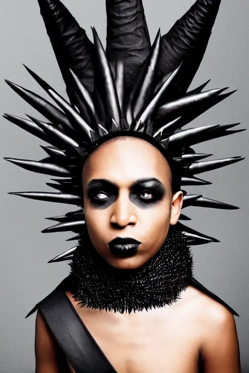 Prompt: a black african genderqueer person in a black leather outfit with spikes on their head, a high fashion character portrait by christen dalsgaard, featured on behance, gothic art, androgynous, genderless, gothic