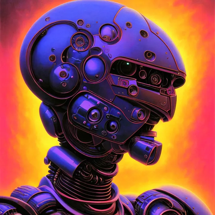 Prompt: cinematic bust portrait of psychedelic robot, head and chest only, exotic alien features, robotic enhancements, Tim Hildebrandt, Wayne Barlowe, Bruce Pennington, donato giancola, larry elmore, oil on canvas, masterpiece, trending on artstation, featured on pixiv, cinematic composition, dramatic pose, beautiful lighting, sharp, details, hyper-detailed, HD, HDR, 4K, 8K