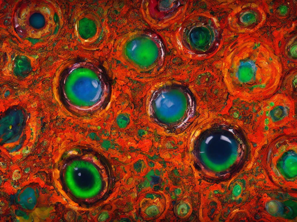 Prompt: petri dish art. animal eyes, cloudy eyes, cataract. vibrant colors ; bright orange, green and earth color scheme. subsurface scattering, translucency, backlit, diffused, smooth. high quality highly detailed award winning photograph by national geographic. dynamic moving 3 d liquid, unreal engine, rendered in octane.