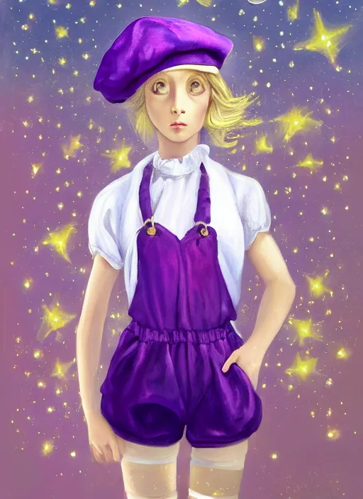 Image similar to A painting of a beautiful and mysterious young girl with short blond hair wearing an oversized purple Beret, Baggy Purple overall shorts, Short Puffy pants made of silk, silk shoes, a big billowy scarf, Golden Ribbon, and white leggings Covered in stars. Short Hair. Sunlit. Haute Couture. Dreamlike. Cloudscape. Fantasy Illustration. Art by william-adolphe bouguereau and Alexandre Cabanel and Anna Dittmann and WLOP and Artgerm and Johannes Helgeson. Smooth. Elegant. Highly Detailed. Intricate. Realistic fantasy illustration. 4K. UHD. Denoise.