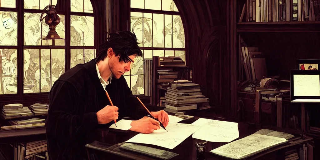 Prompt: a scholarly raven is seen writing at his desk. character sheet, character design, contrast, deep focus, turnaround, highly detailed, dramatic lighting, digital painting, artstation, concept art, matte, sharp focus, illustration, elegant, art by artgerm and greg f and alphonse mucha. photo like 1 9 9 4 public access music video.