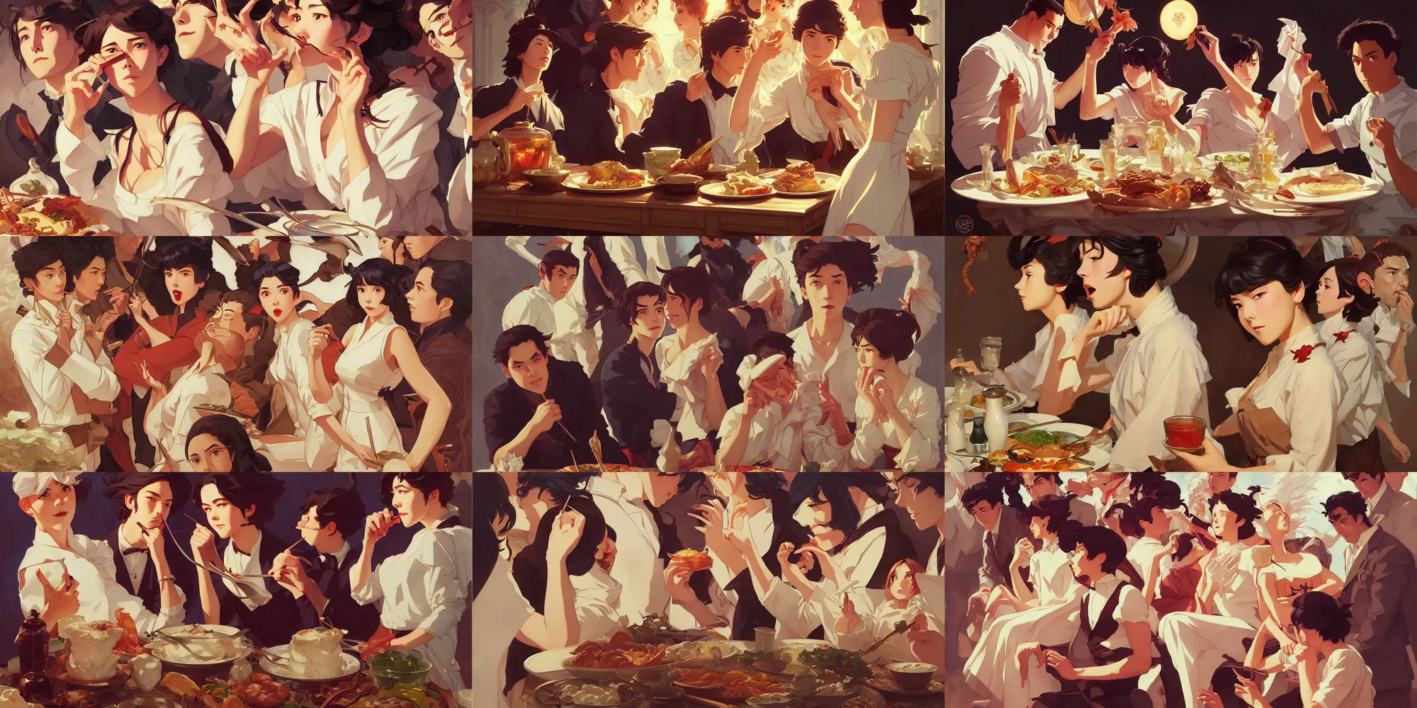 Prompt: feast, in the style of studio ghibli, j. c. leyendecker, greg rutkowski, artgerm