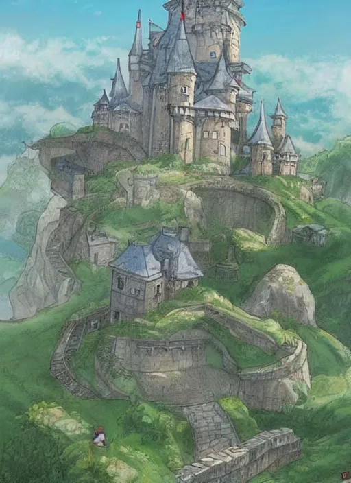 Prompt: cartoon illustration of a castle on top of a hill, concept art by hayao miyazaki, featured on pixiv, fantasy art, concept art, official art, anime aesthetic