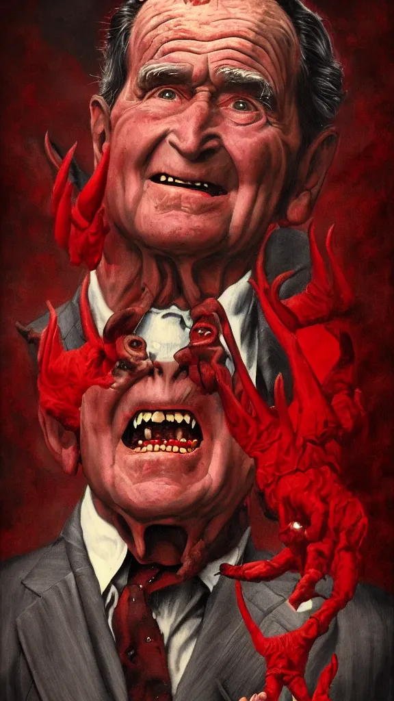 Image similar to demonic george hw bush with red horns, painting in the style of norman rockwell, 1 9 5 0 s, evil, satan, devil, demonic, demon, hyperrealistic, photorealistic, award - winning, 4 k, ultra hd, artstation, intricate, highly detailed, american, usa, dark, gritty