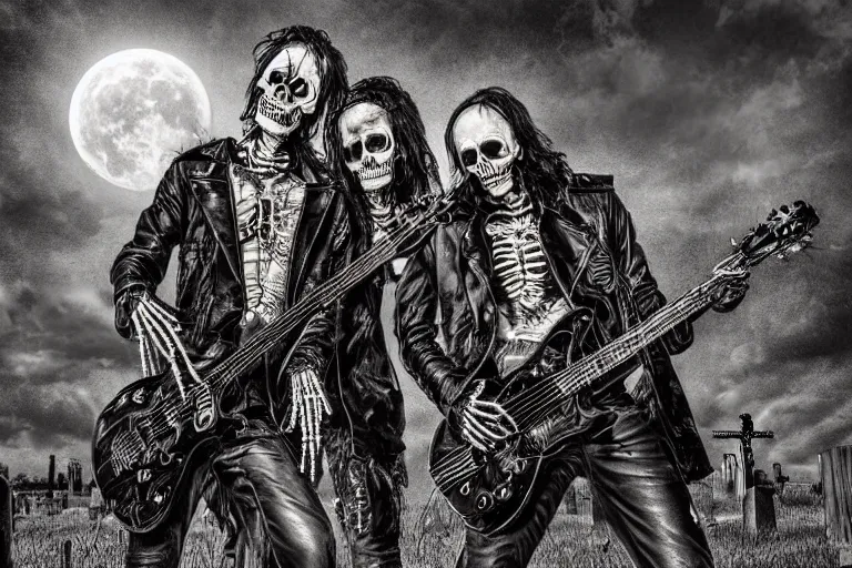 Prompt: skeletons in leather jackets with electric guitars in the hands in a cemetery, evil faces, rock concert, dark night, full moon, crows on the oak tree, highly detailed digital art, photorealistic