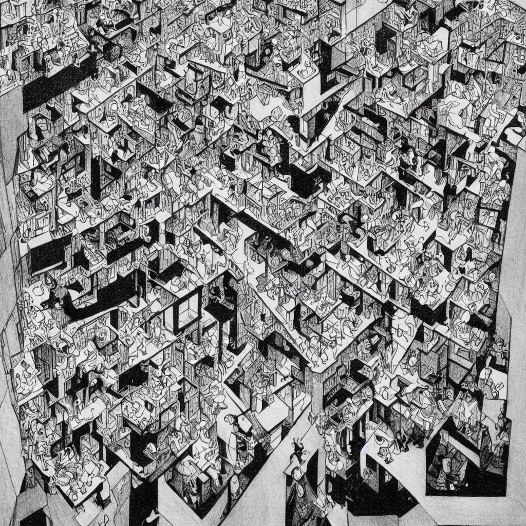 Image similar to last selfie on earth, drawed by M. C. Escher, colored by Hayao Miyazaki