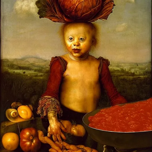 Image similar to a boy sitting in a tub full of tomato sauce, a lot of cabbage, dinner is served, by giuseppe arcimboldo, odd nerdrum and ambrosius benson, renaissance, fruit, intricate and intense oil paint, realistic