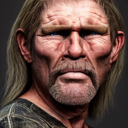 Prompt: film still photo portrait of a toothless middle aged 5 6 year old redneck hillbilly with a mullet, funky looking, realistic, hyperrealistic, 8 k resolution, hd quality, very detailed, highly detailed, intricate details, real life, real world, trending on artstation, digital art, really realistic, very realistic, headshot, head in frame, photograph, portrait