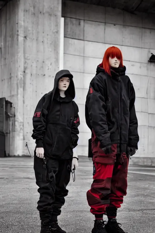 Image similar to beautiful red haired woman in techwear, warcore look and clothes, ACG, ACRNYM, Rick Owens, trending on r/streetwear, outfit photo, we see them from head to toe