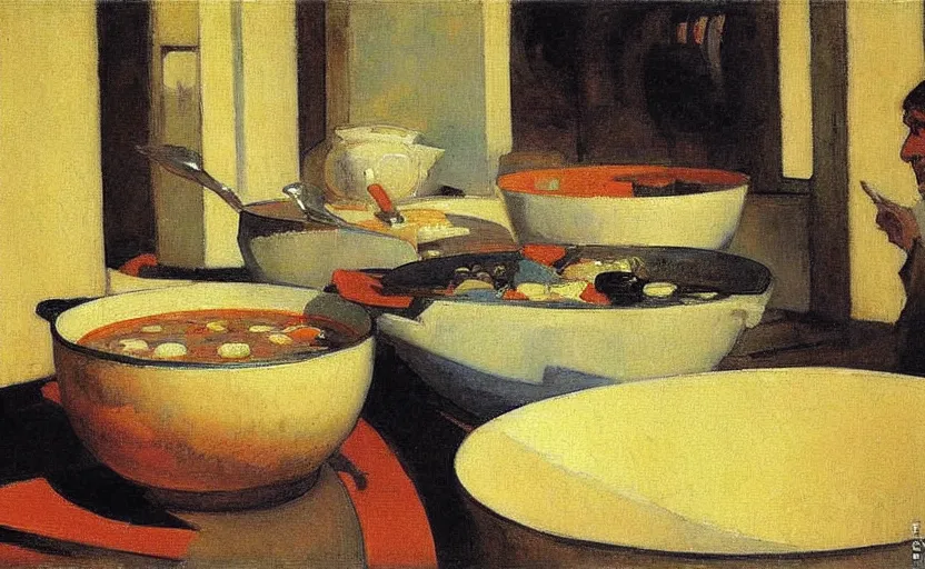 Prompt: a bowl of soup, by ricardo bofill, by stanhope forbes, by david bomberg, painting