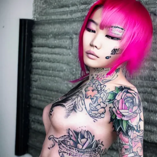 Image similar to punk tattooed asian supermodel with pink hair and a beautiful face with long eyelashes