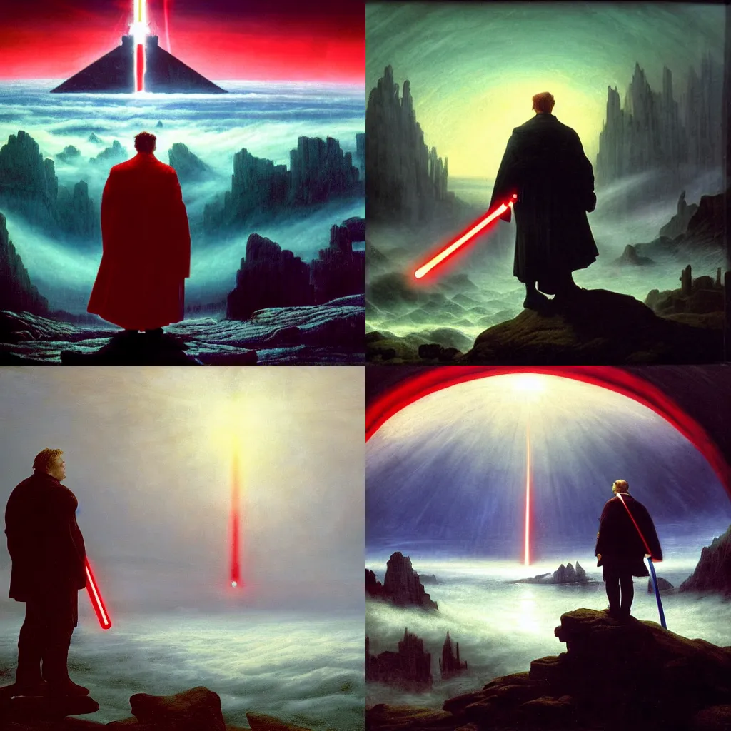 Prompt: Obese man holding red lightsaber, wanderer above the sea of fog by caspar david friedrich, dramatic lighting, stardestroyer in the background, epic, galaxy, extreme detail