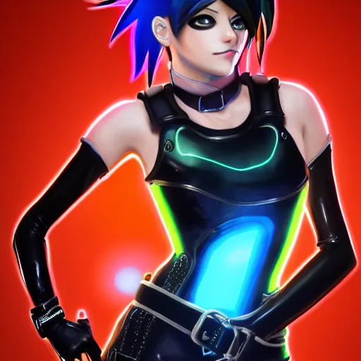 Image similar to full body digital artwork of tracer overwatch, wearing black iridescent rainbow latex tank top, 4 k, expressive happy smug expression, makeup, in style of mark arian, wearing detailed black leather collar, chains, black leather harness, detailed face and eyes,