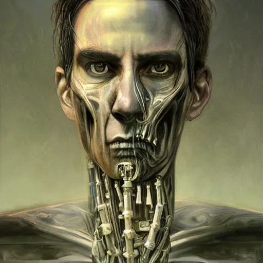 Image similar to surreal portrait of a man by Greg Rutkowski and H.R Giger, he is about 30 years old, messy long black hair, tired appearance, roman nose, peaceful but sad and resigned expression, martyred as a biomechanical transhuman cyborg god, eyes glow electric blue, cosmic void background, frightening, fascinating, highly detailed portrait, digital painting, book cover, artstation, concept art, smooth, sharp foccus ilustration, Artstation HQ.