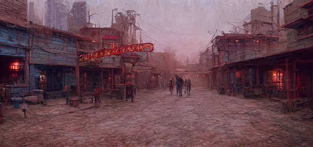 Prompt: from a movie scene, painting of a cyberpunk western saloon exterior in old town, beksinski, gregory crewdson, cinematic wide shot